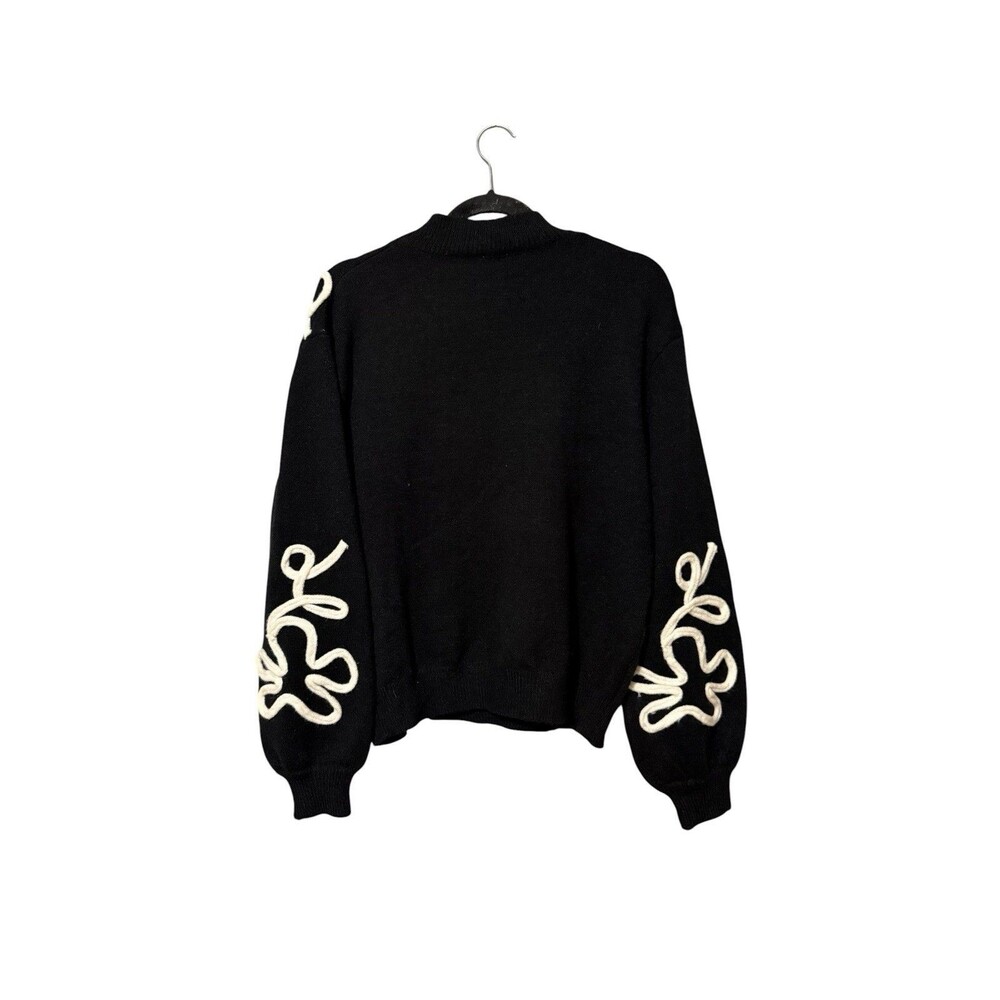 En Creme Sweater Black Floral Applique Knit Pullover Mock Neck Womens M - Picture 2 of 5